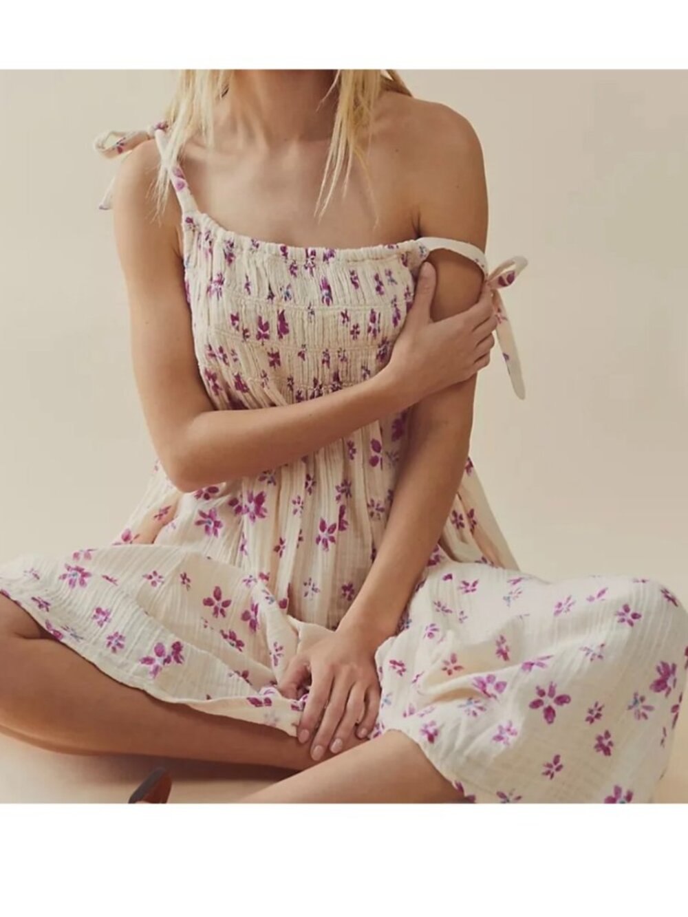 Free People Azure Midi Dress Floral Smocked Cotton Tie Strap Boho Sundress M - Picture 2 of 14